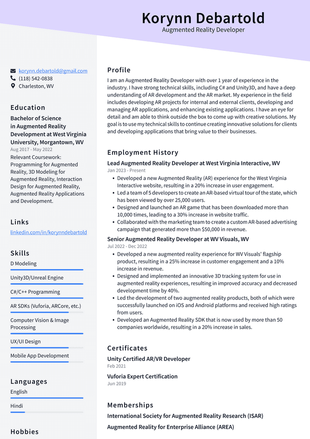 Apple Augmented Reality Developer Resume Example