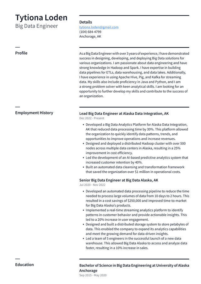 Apple Big Data Engineer Resume Example