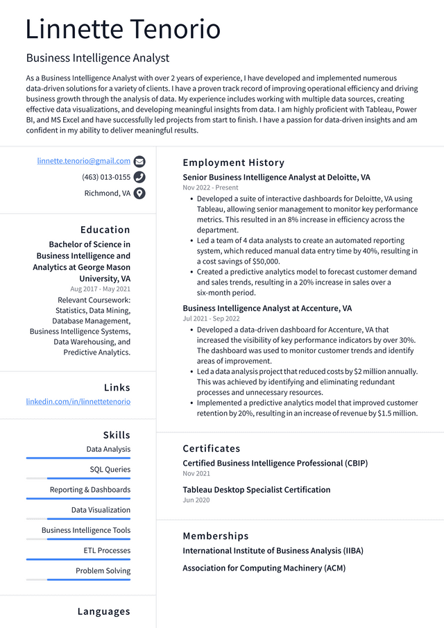 business intelligence analyst resume examples