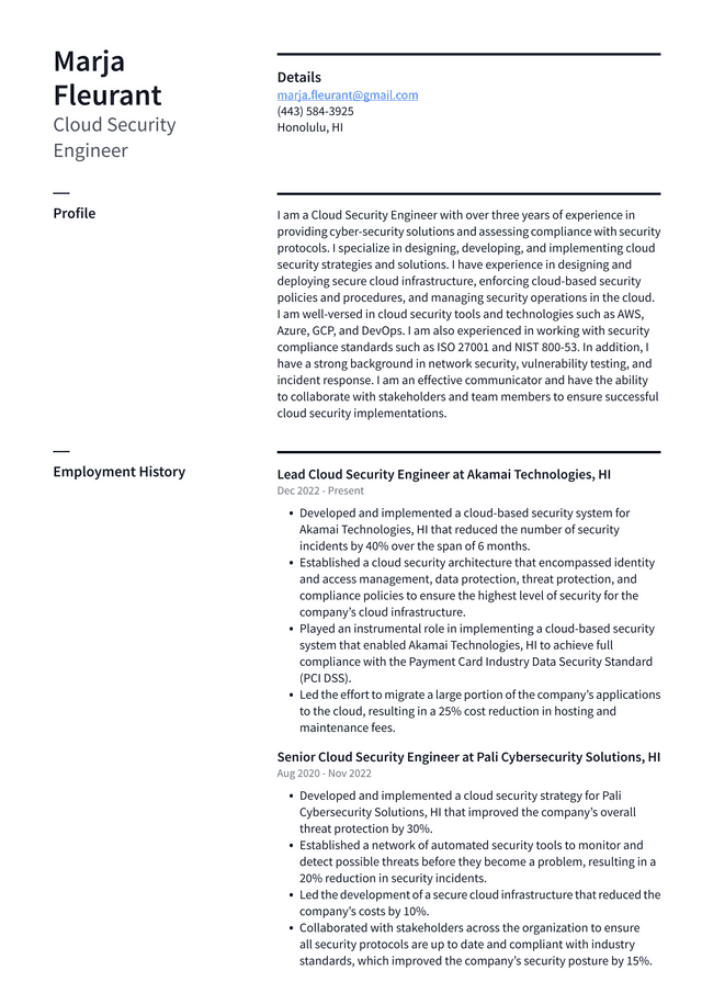 Apple Cloud Security Engineer Resume Example