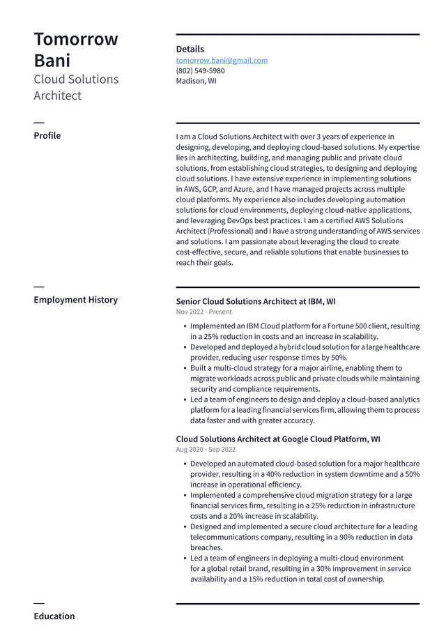 Apple Cloud Solutions Architect Resume Example