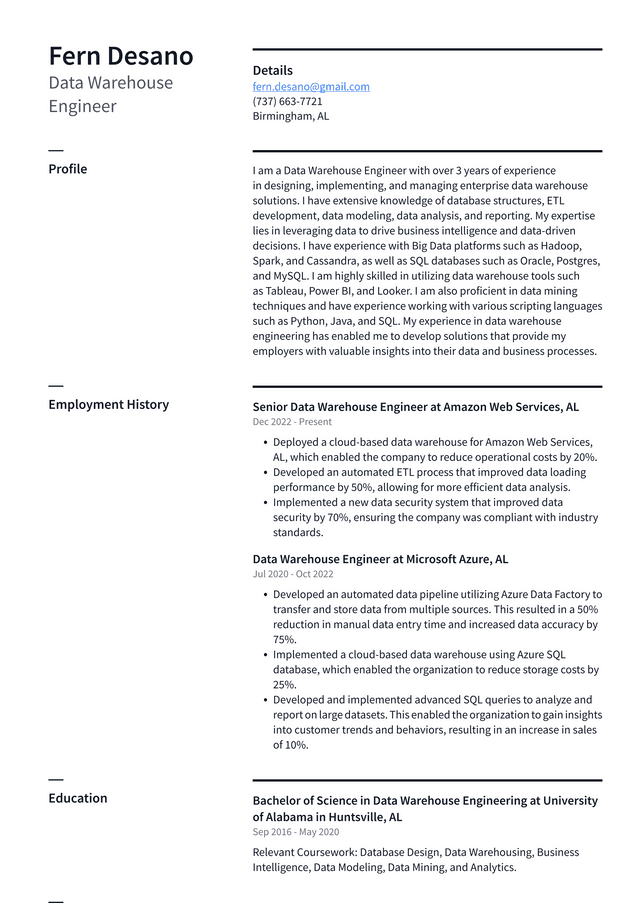 Apple Data Warehouse Engineer Resume Example