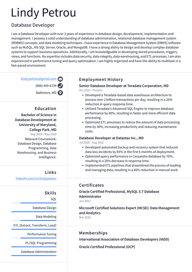 Apple Database Developer Resume Example