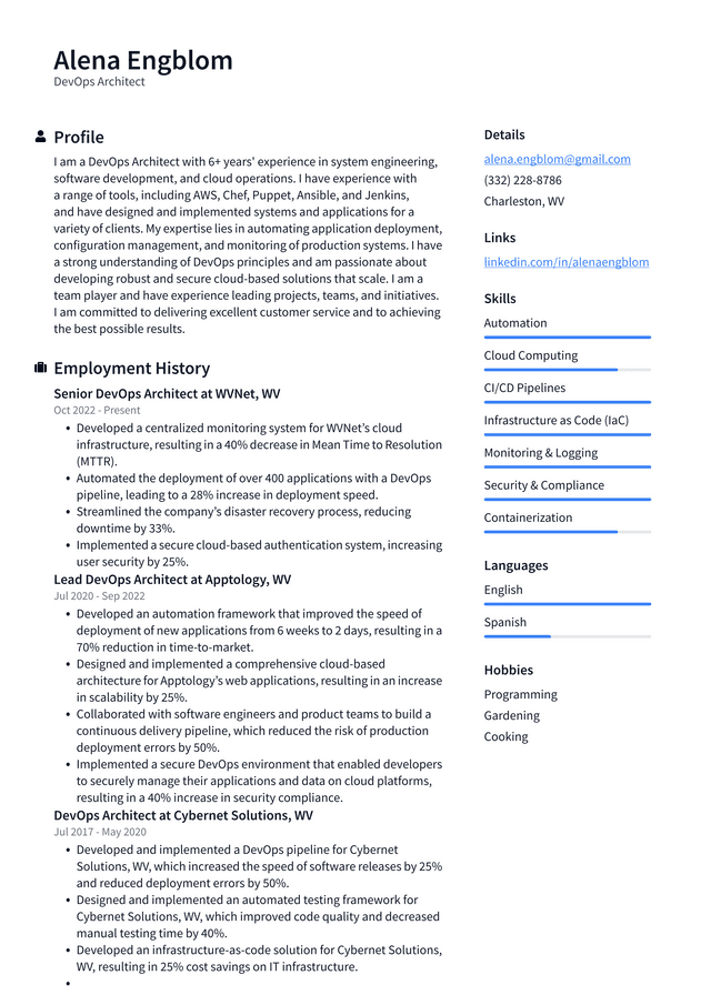 Apple DevOps Architect Resume Example