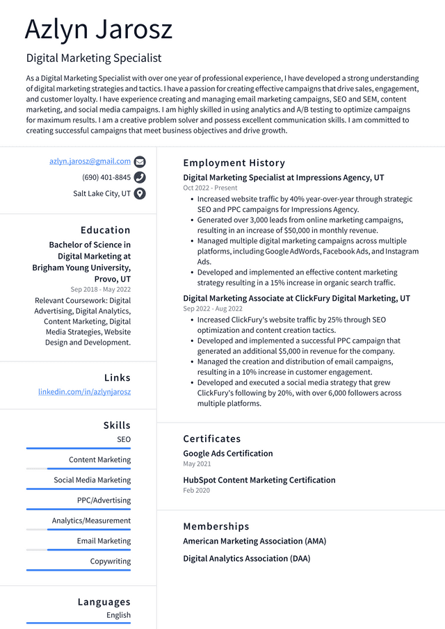 Apple Digital Marketing Specialist Resume Example