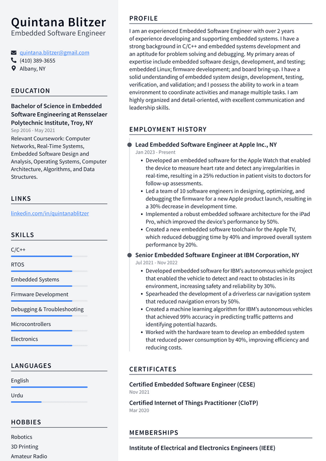 Apple Embedded Software Engineer Resume Example