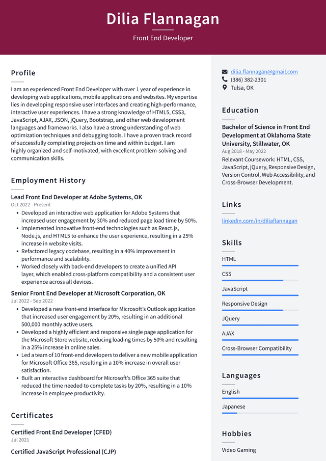 Apple Front End Developer Resume Example