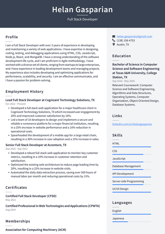 Apple Full Stack Developer Resume Example