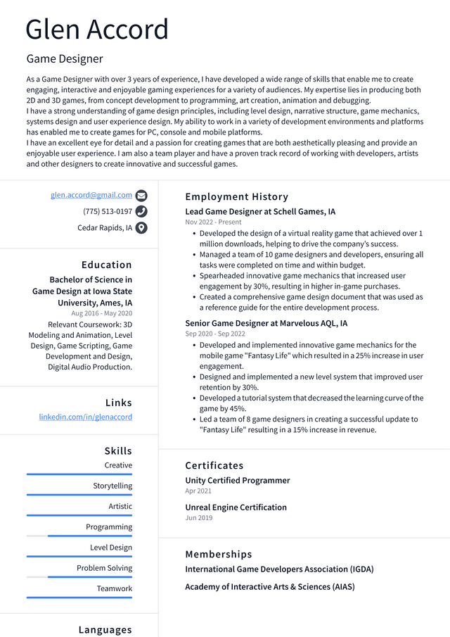 Apple Game Designer Resume Example