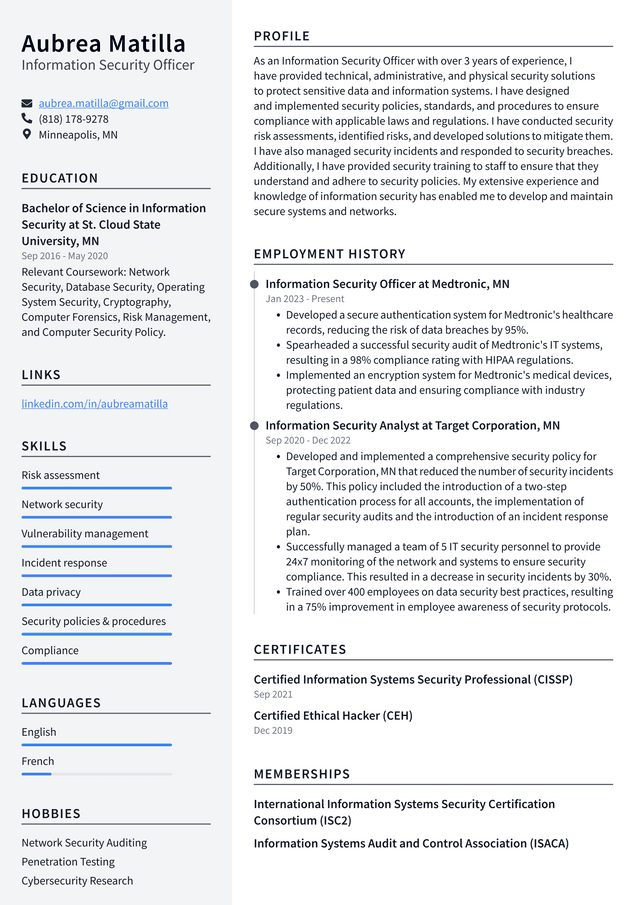 Apple Information Security Officer Resume Example