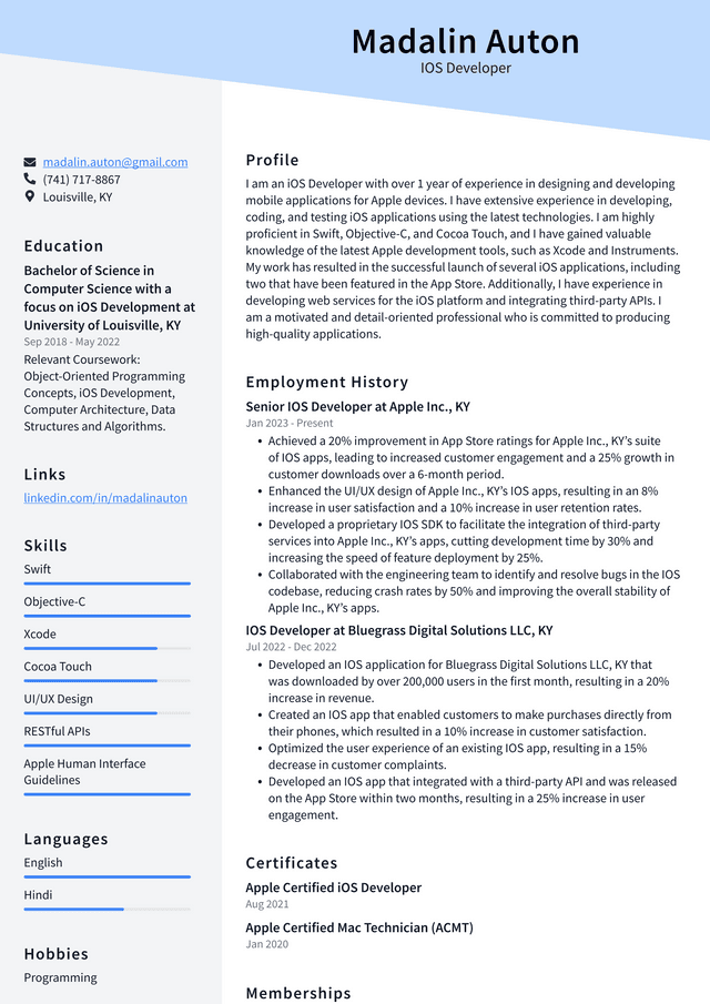 Apple IOS Developer Resume Example