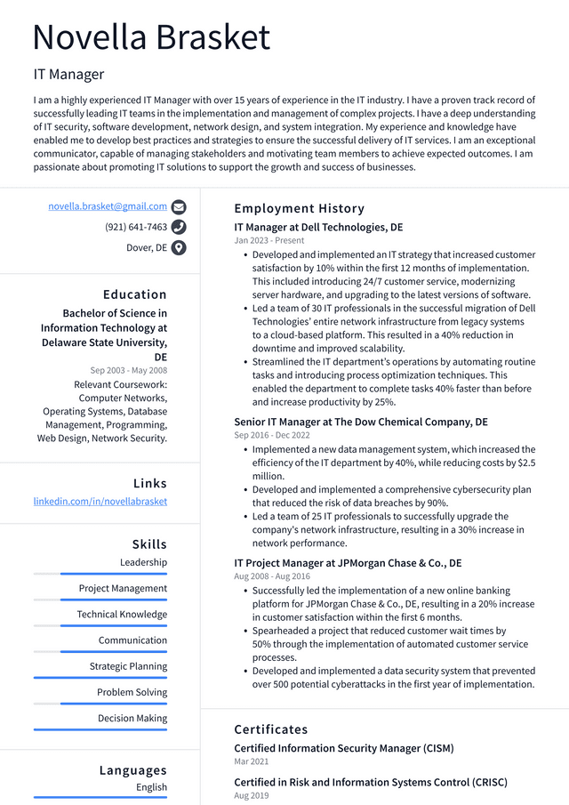 Apple IT Manager Resume Example