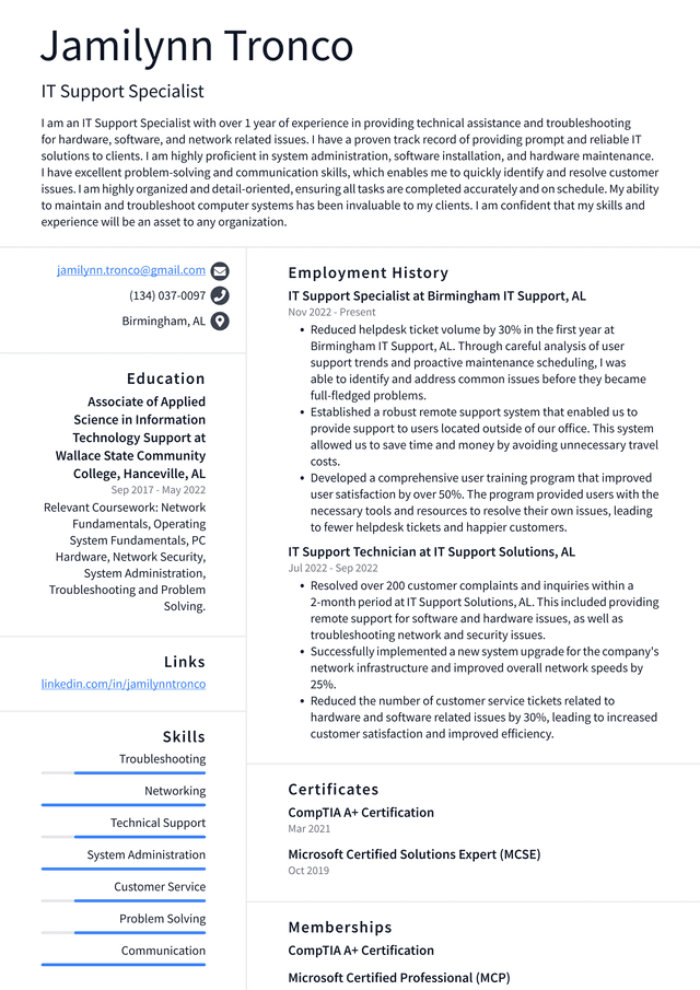 Apple IT Support Specialist Resume Example