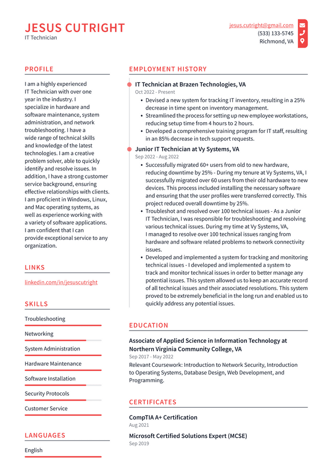 Apple IT Technician Resume Example