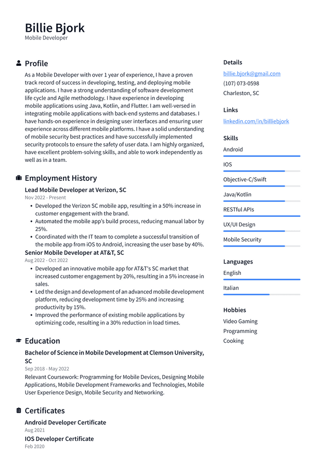 Apple Mobile Developer Resume Example