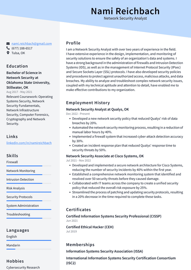 Apple Network Security Analyst Resume Example