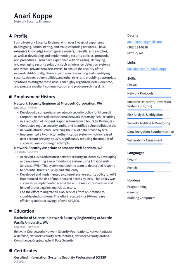 Apple Network Security Engineer Resume Example