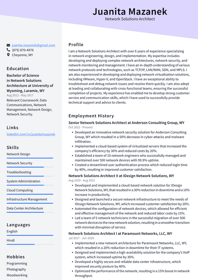 Apple Network Solutions Architect Resume Example