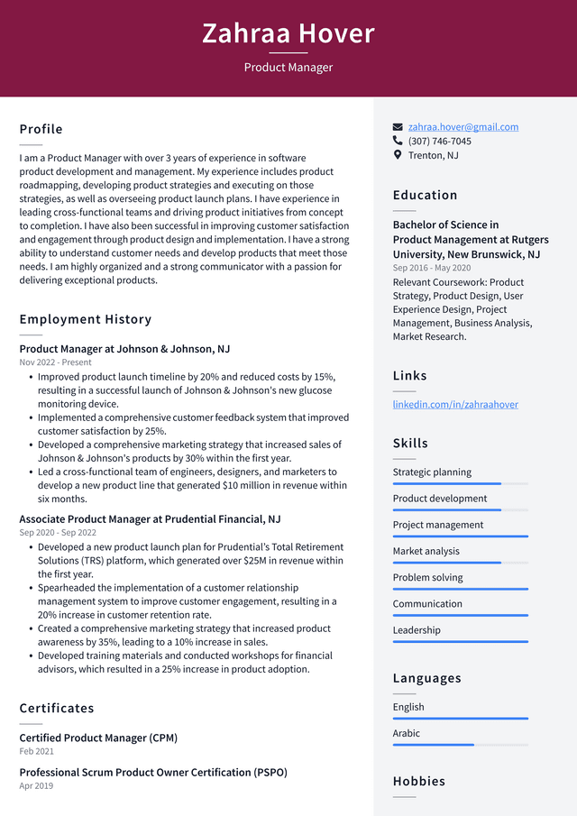 Apple Product Manager Resume Example