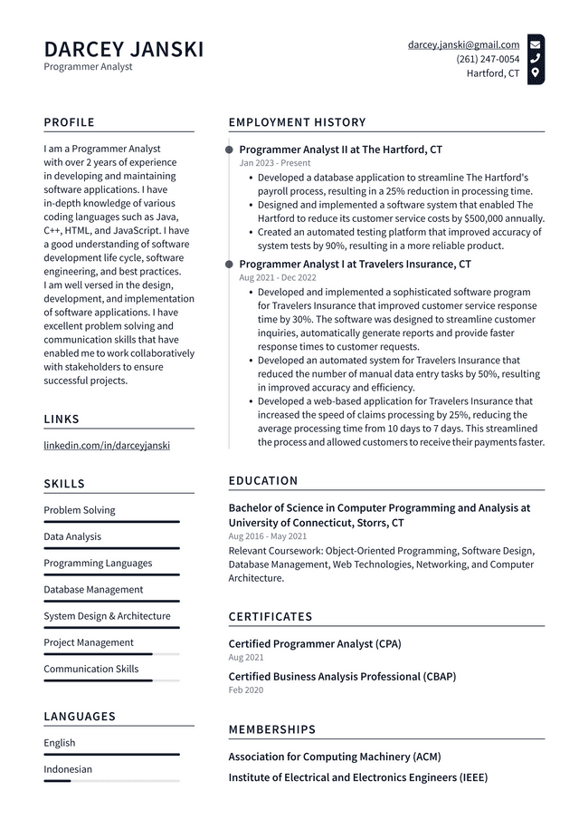 Apple Programmer Analyst Resume Example