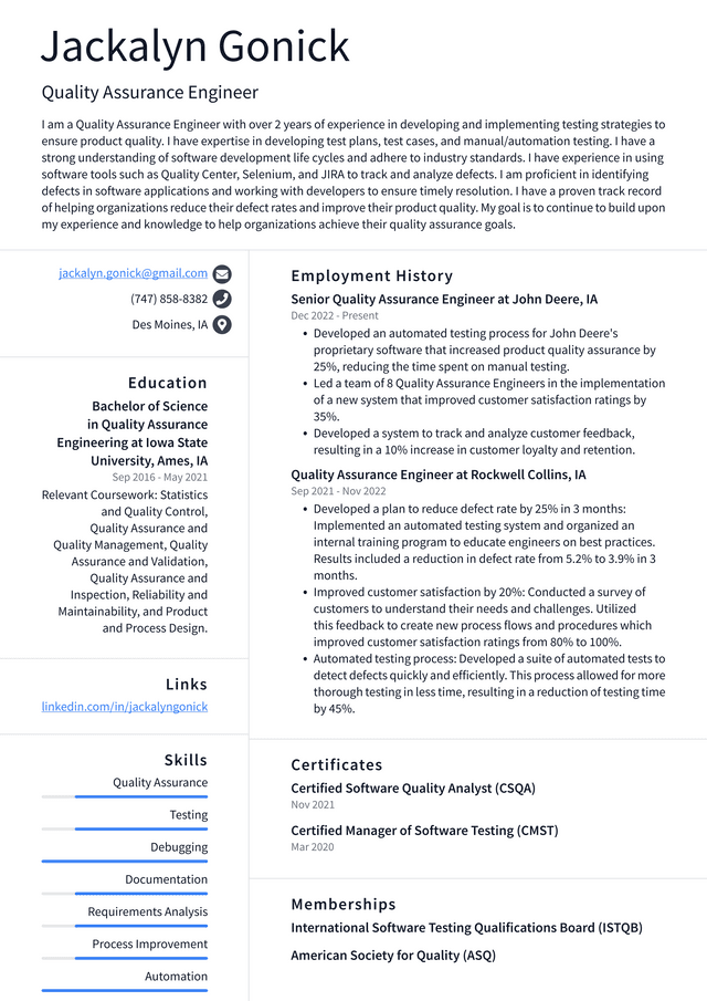 Apple Quality Assurance Engineer Resume Example