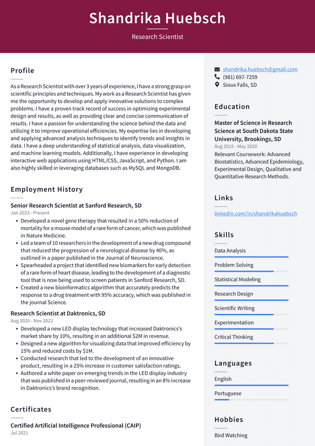 Apple Research Scientist Resume Example