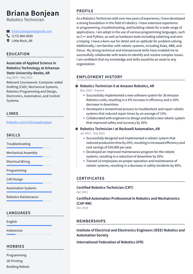 Apple Robotics Technician Resume Example