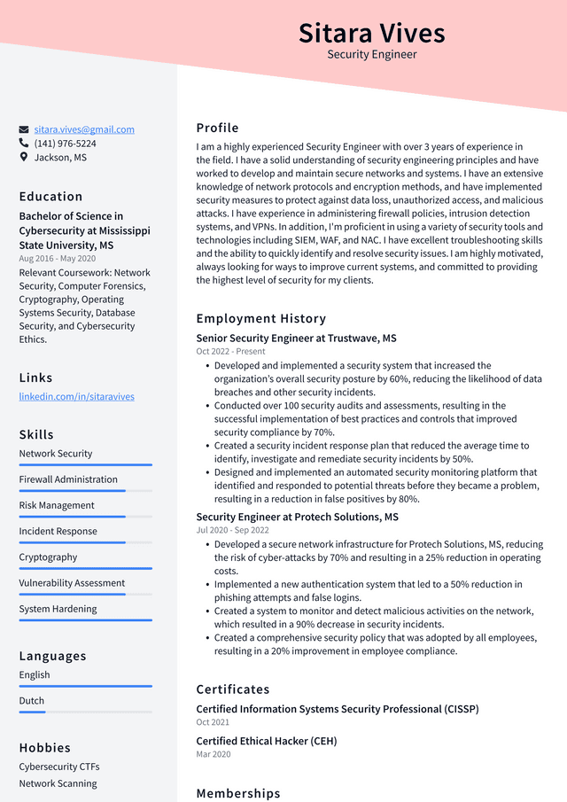 Apple Security Engineer Resume Example