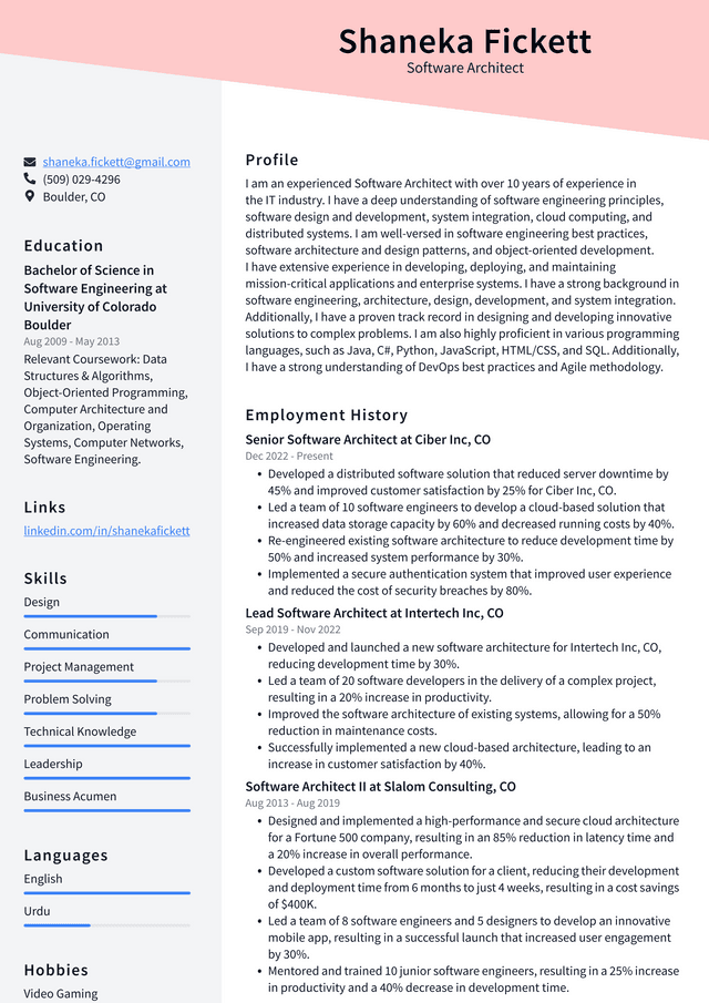 Apple Software Architect Resume Example