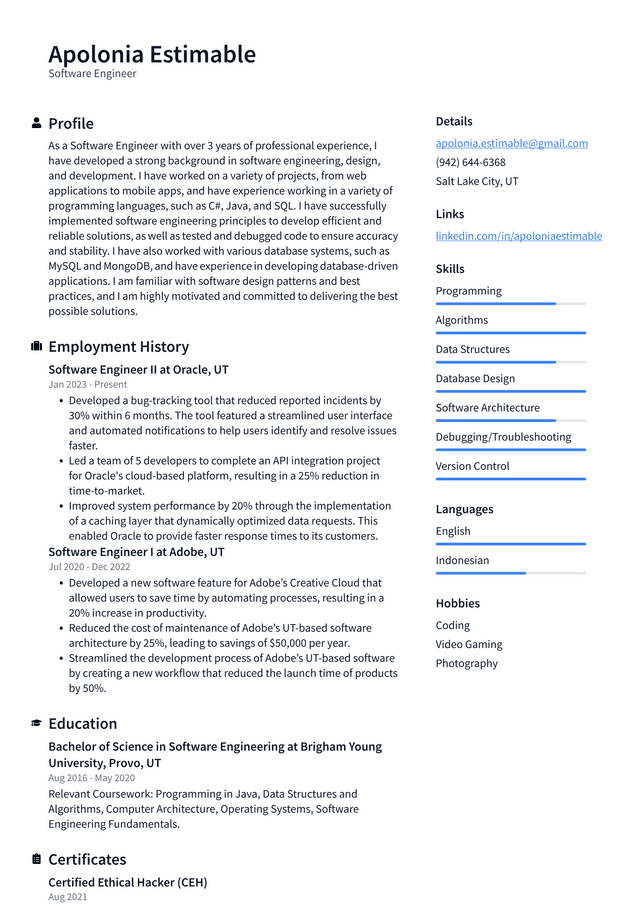 Apple Software Engineer Resume Example