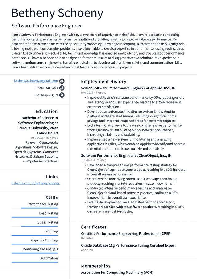 Apple Software Performance Engineer Resume Example