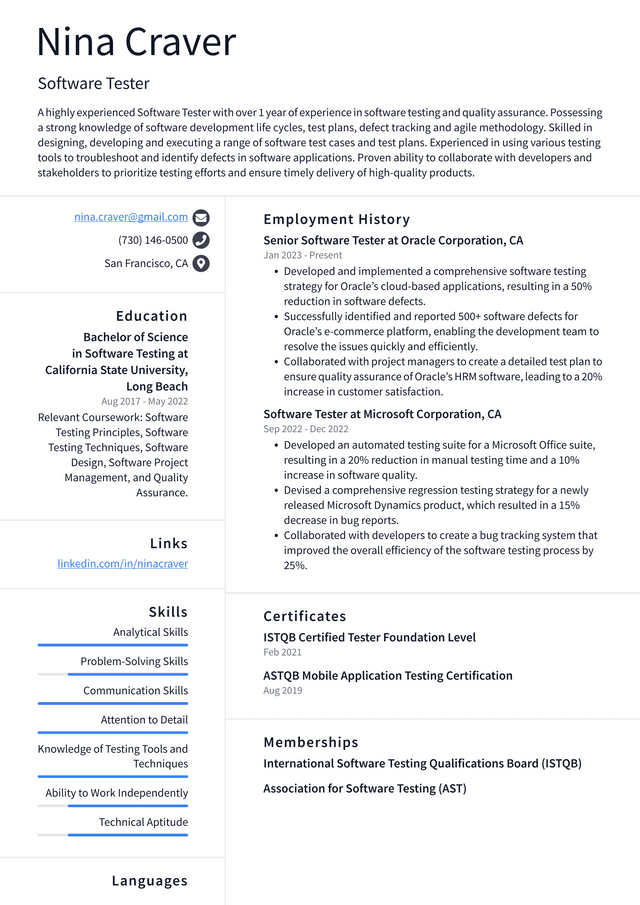 Apple Software Tester Resume Example