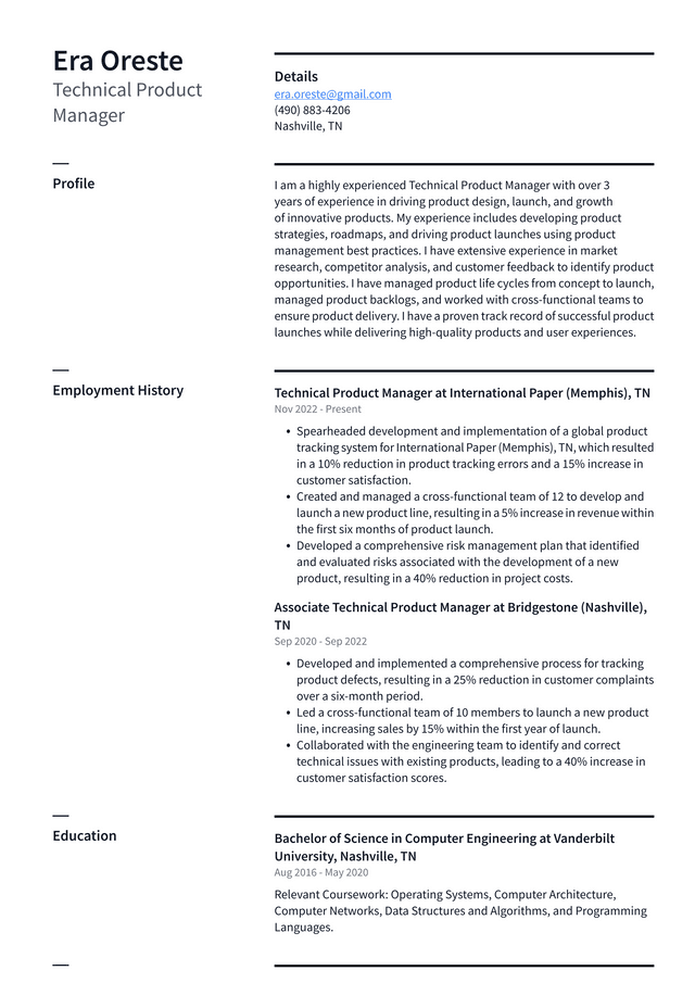 Apple Technical Product Manager Resume Example