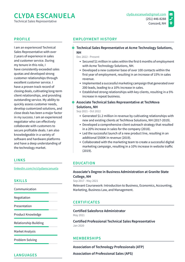 Apple Technical Sales Representative Resume Example