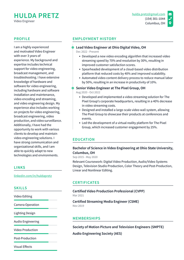 Apple Video Engineer Resume Example