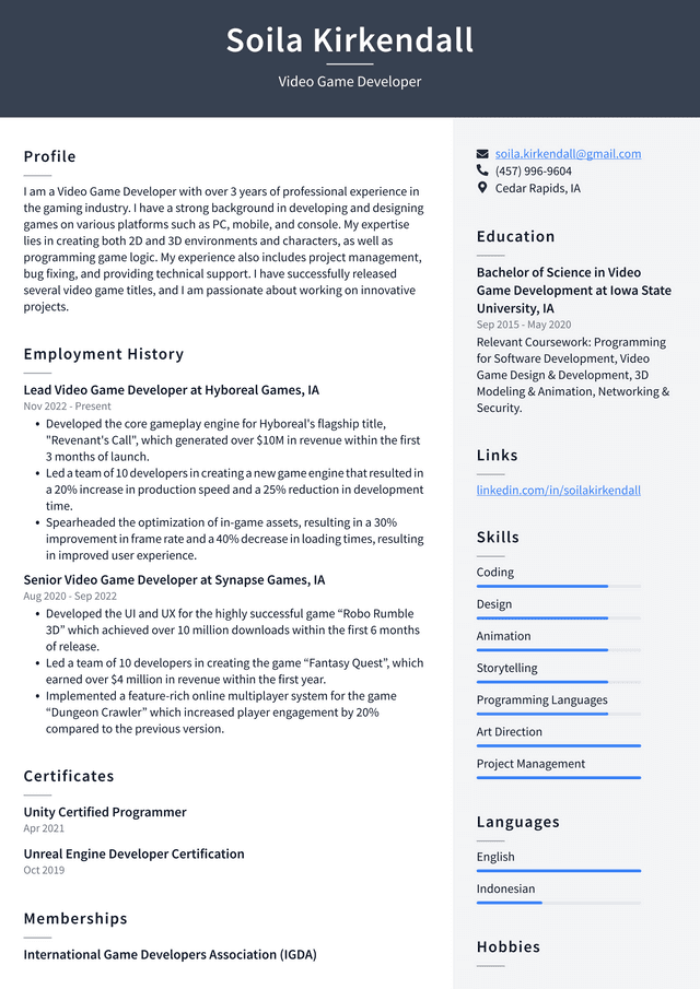 Apple Video Game Developer Resume Example