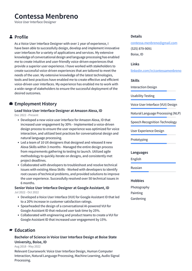 Apple Voice User Interface Designer Resume Example