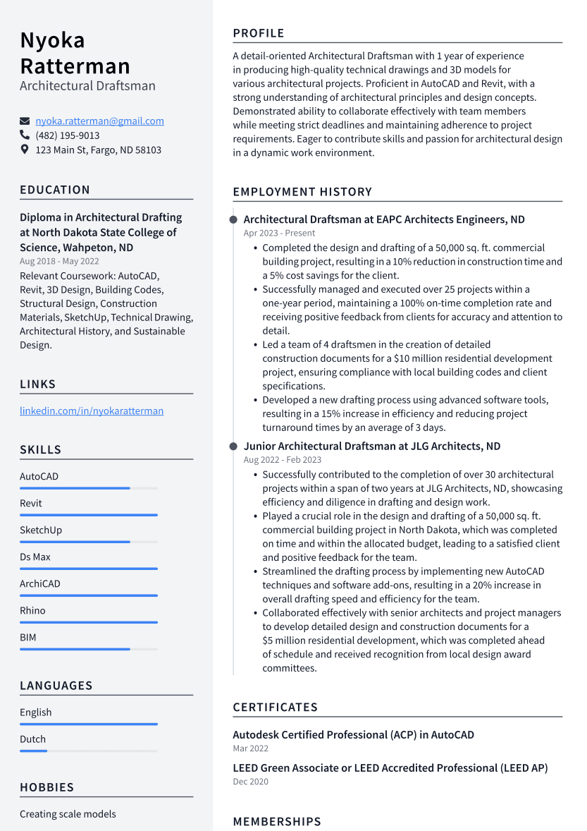 Architectural Draftsman Resume Example