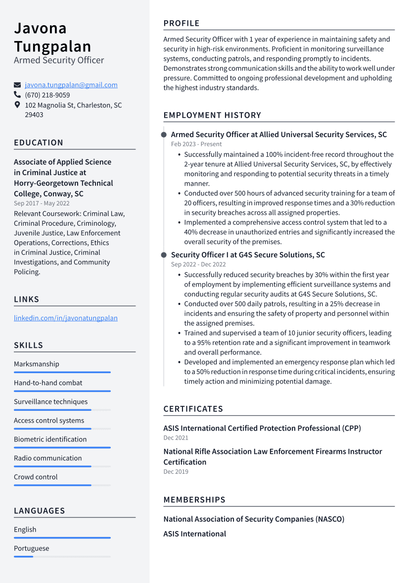 Armed Security Officer Resume Example