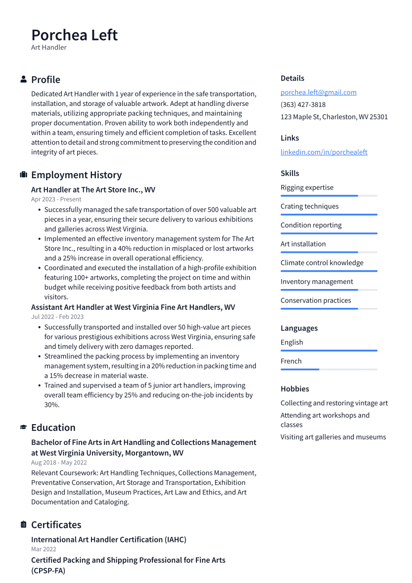 Art Handler Resume Example