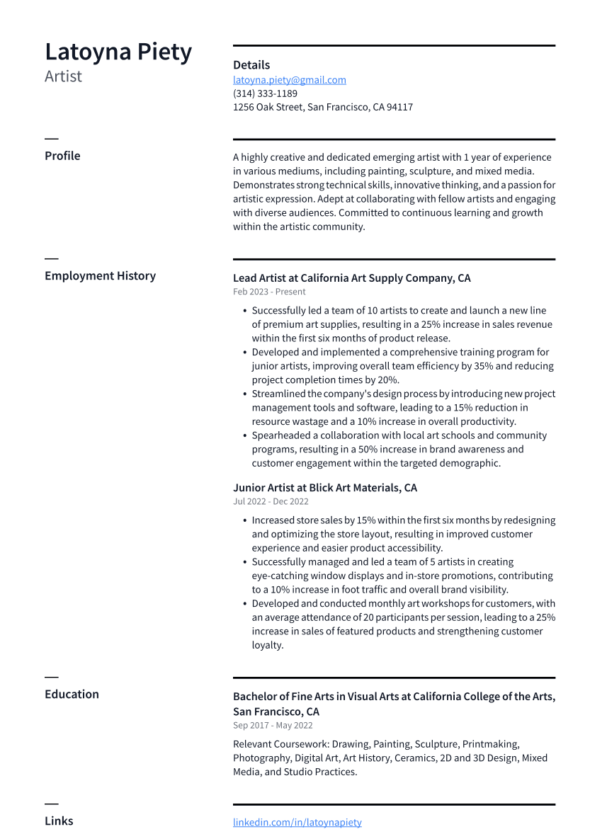 Artist Resume Example