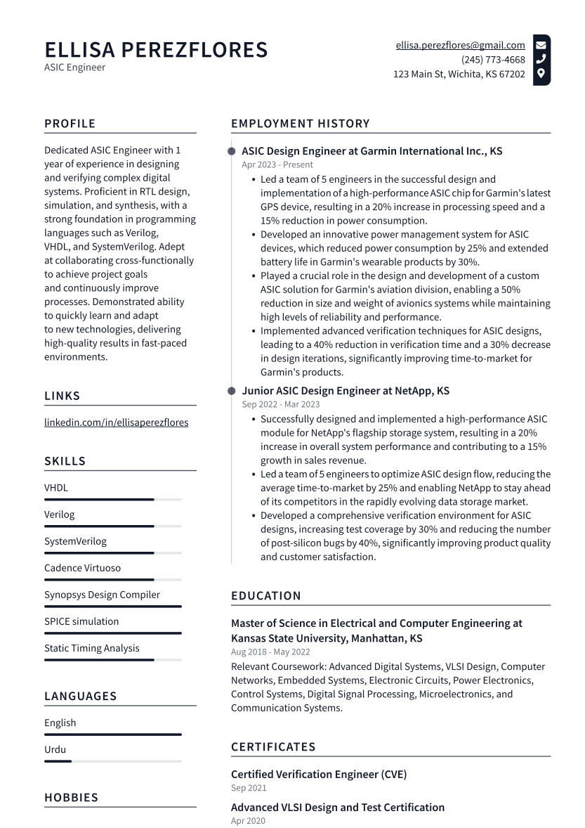 ASIC Engineer Resume Example