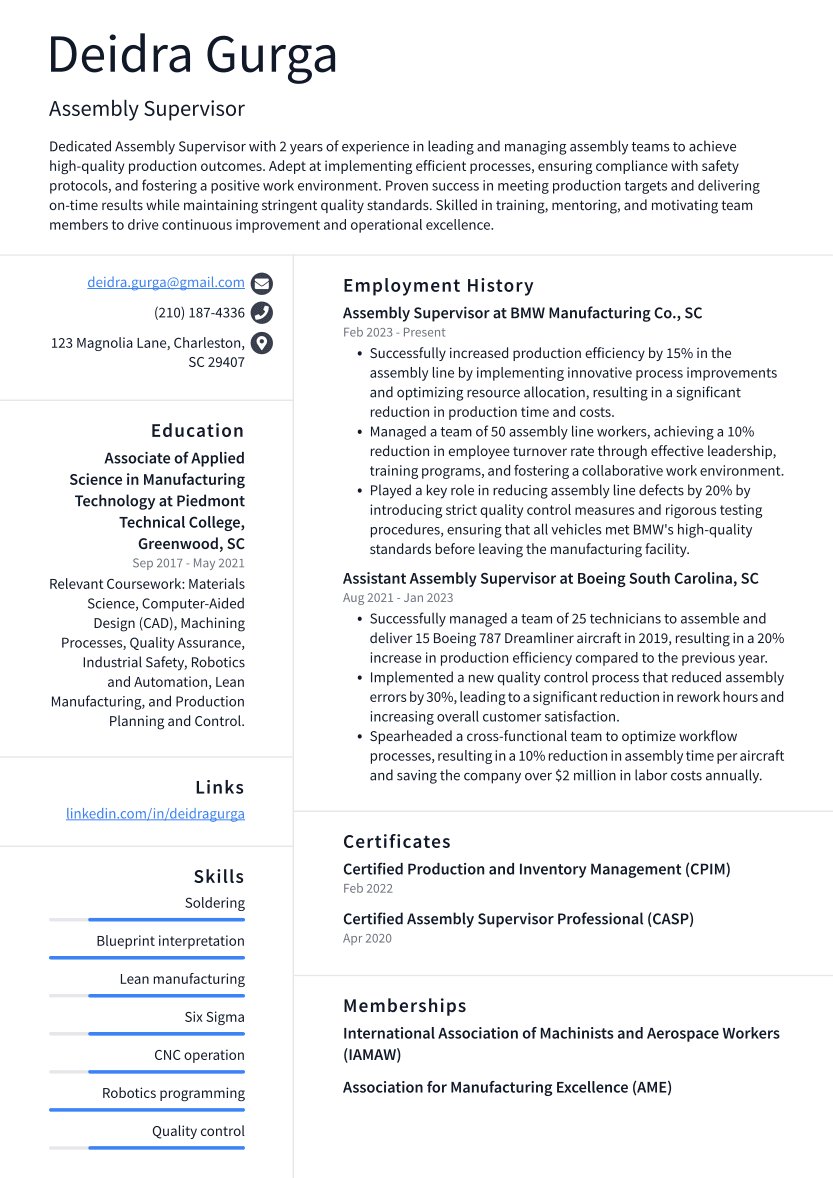 Assembly Supervisor Resume Example