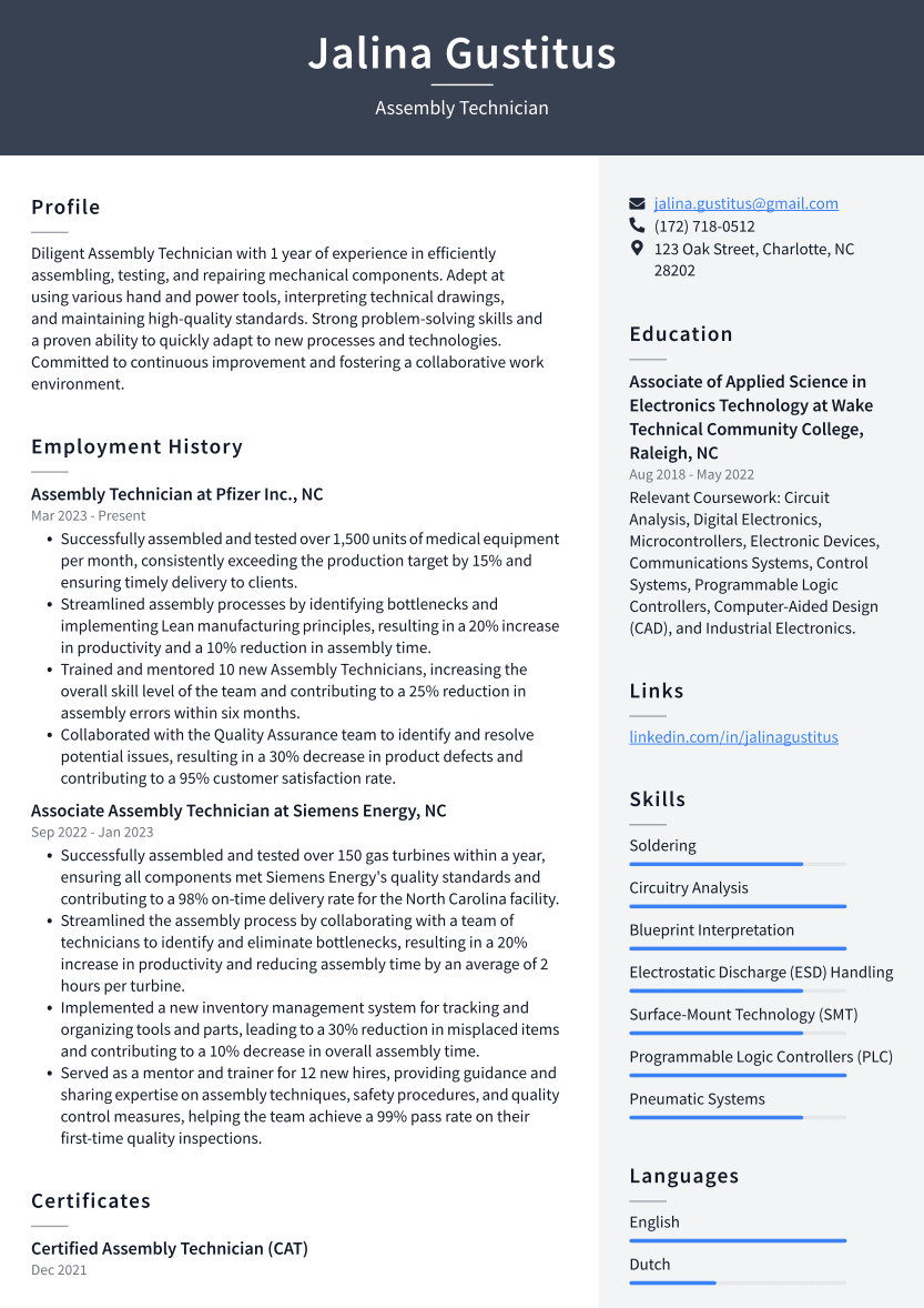Assembly Technician Resume Example