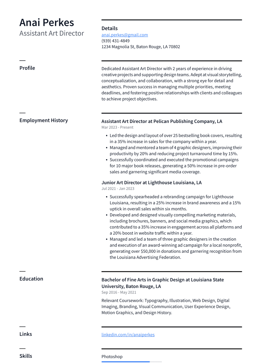 Assistant Art Director Resume Example