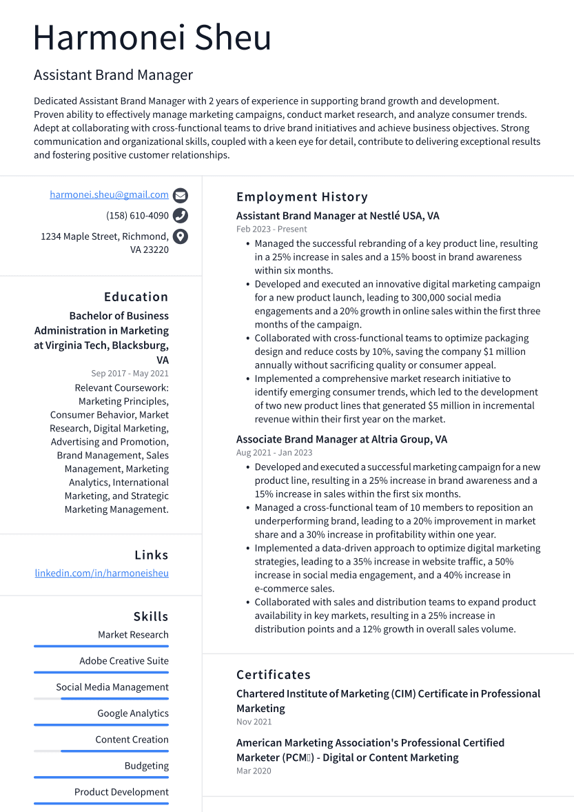 Assistant Brand Manager Resume Example