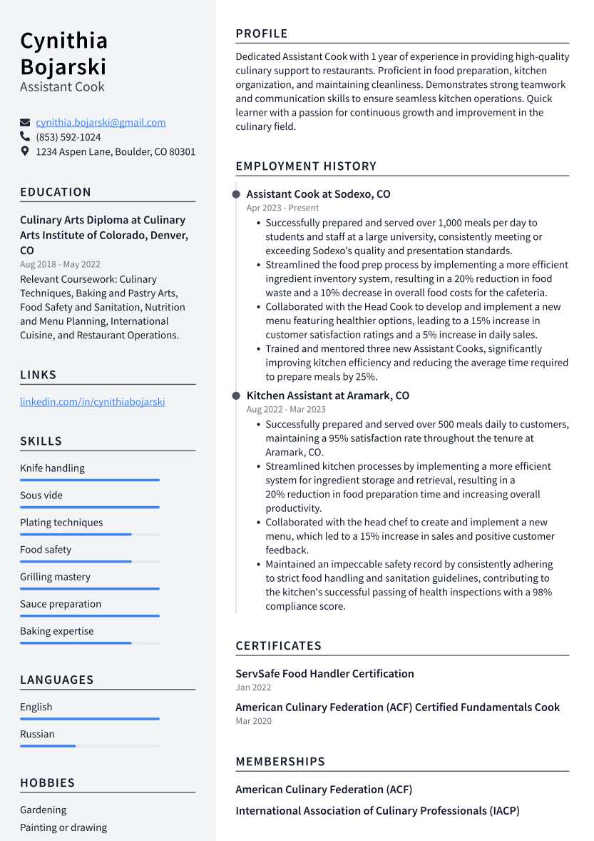 Assistant Cook Resume Example