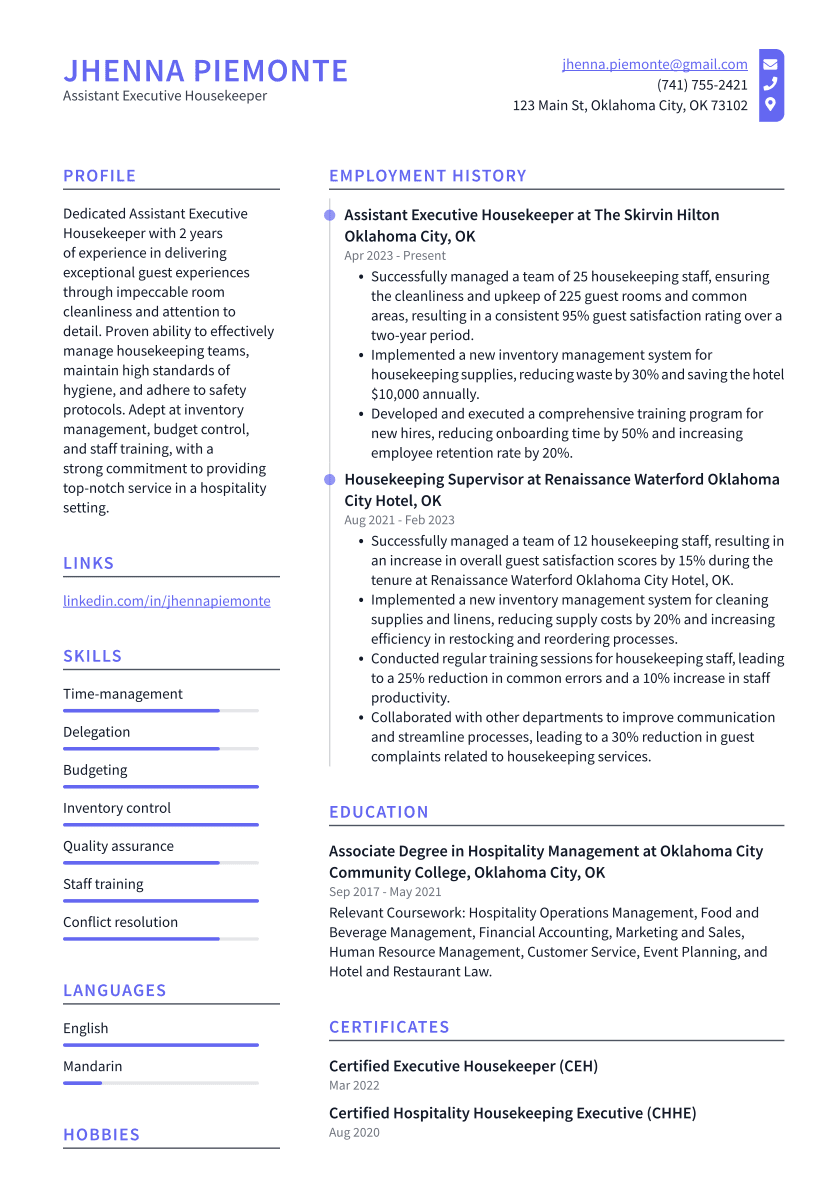 Assistant Executive Housekeeper Resume Example