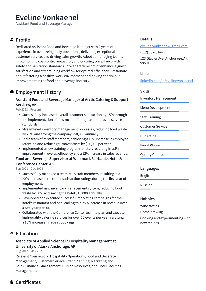 Assistant Food and Beverage Manager Resume Example