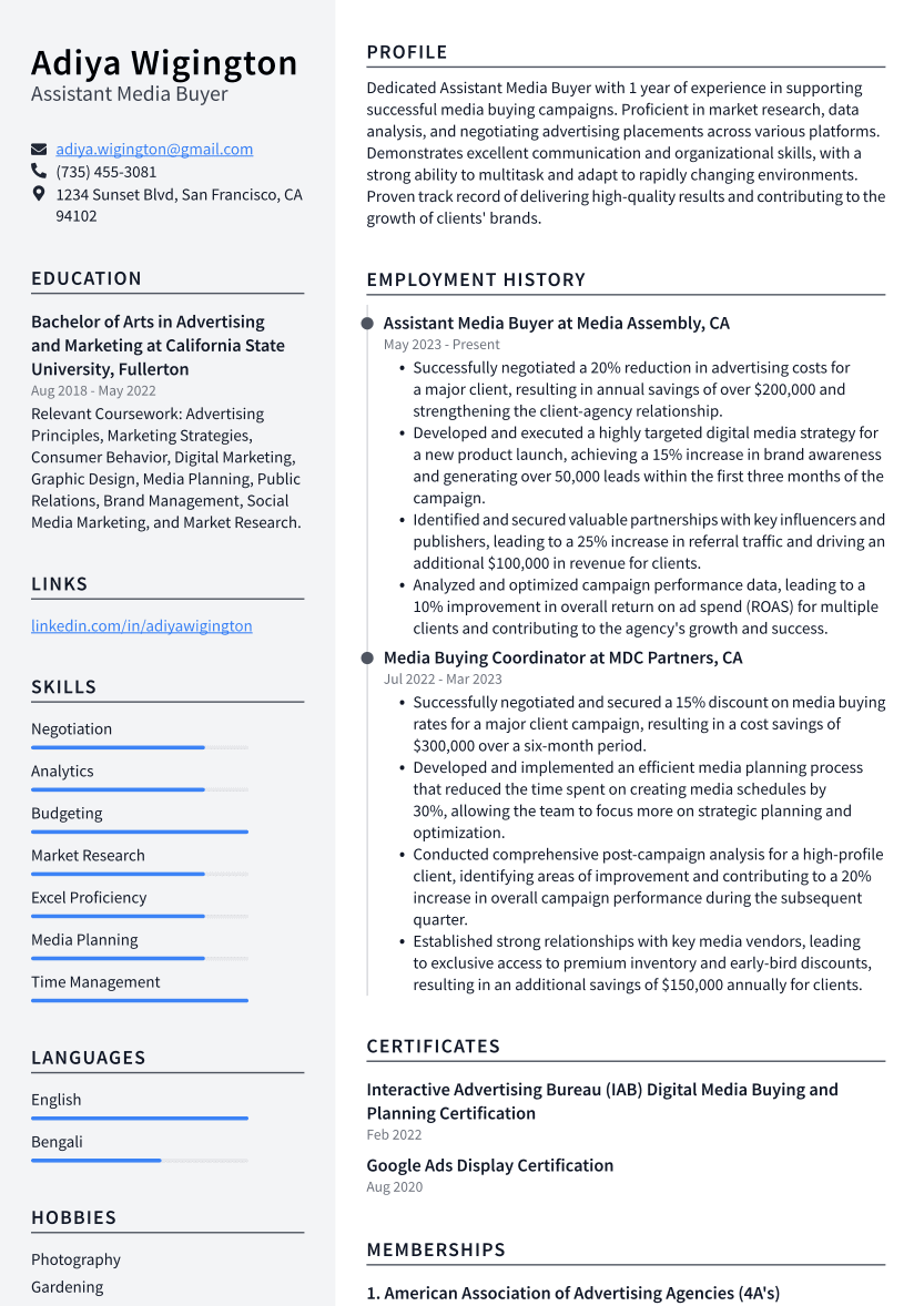 Assistant Media Buyer Resume Example